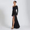 2025 Europeo y Americano Transfronterizo Un Hombro Plisado Cintura Transparente Fuera del Hombro Malla Falda Larga Sexy de Mujer Borgoña Negro