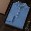 Suéter Casual de Cachemira para Negocios para Hombre, Suéter de Lana de Cuello Alto Medio con Media Cremallera, Suéter Básico de Punto Cálido de Color Puro