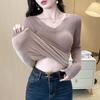 Top Cálido Forrado de Polar para Mujer en Invierno, Empalme de Encaje Engrosado con Almohadilla en el Pecho, Abrigo de Manga Larga para Otoño, Camiseta Base Ajustada