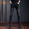 Marca Europeia Moderna Jeans Bordado Personalizado para Homens Preto Estilo Coreano Moderno Slim Fit Elástico Calças Casuais para Homens