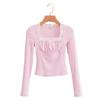 Camiseta Top de Manga Larga con Cuello Cuadrado y Encaje de Costura de Niña Francesa Pura, Decoración de Lazo, Ajuste Entallado, Traje de Shorts Adelgazantes