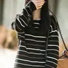 Coleção nova de outono e inverno transfronteiriça: suéter listrado de algodão puro tricotado com gola redonda, caimento solto, feminino, manga longa, plus size