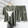 Roupa Esportiva Casual da Moda Masculina Secagem Rápida Tamanho Grande Conjunto de Duas Peças Verão Seda de Gelo Camiseta Shorts Venda Direta da Fábrica