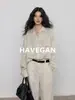 Camisa Manga Longa Yujian HAVEGAN/Linho Tencel para Mulheres, Estilo Old Money, Casual, Relaxada, Top Vintage para o Dia a Dia