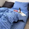 Juego de cuatro piezas de ropa de cama de algodón acolchado estilo japonés a rayas, grado A para maternidad, sábana y funda de edredón, juego de tres piezas para dormitorio de estudiante