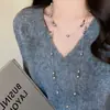 Colar Empilhável Pérola Cinza de Alta Qualidade com Duas Camadas para Mulheres, Corrente Longa para Suéter Moda Outono e Inverno, Acessório de Estilo Nicho
