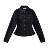 Chaqueta de mezclilla azul retro americana para mujer, nueva camisa corta casual de otoño 2025 con cuello camisero para figuras petite