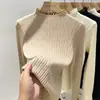 Camisa base chic de encaje con cuello semi-alto para mujer, top interior de punto elegante para otoño e invierno, suéter acanalado único
