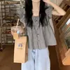 2024 Primavera Estilo Coreano Menina bonito Verão Verão Square Collar Loose All-match Backless Camisa Short Doll Top Manga Voadora Pequena
