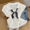 Elegante Camisa de Punto Fina con Cuello Polo Manga Corta para Mujer 2026 Verano Estilo Coreano Camiseta de Punto Adelgazante Top