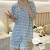 Ins estilo coreano rosa azul cuadros oso caricatura pijama dulce para mujer manga corta shorts solapa cárdigan seda de leche ropa para el hogar