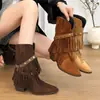 Botas de cowboy femininas retrô, bico fino, desgastadas, estilosas e que afinam a silhueta, com franjas, botas western, saltos grossos