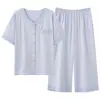 Pijama de verano para mujer de Yu Zhaolin, hecho de seda helada, con manga corta y pantalón corto, delgado y fresco, adecuado para madres de mediana edad y mayores, con diseño de cárdigan