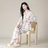 Pijama Largo de Manga Larga para Mujer 2025 para Primavera y Otoño, Kimono Estilo Chino Vintage con Cuello en V, Se Puede Usar Afuera, Conjunto para Estar en Casa, Versátil Estilo Coreano