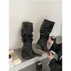 Primeiro Encontro Ji Botas Europeias Franzidas Empilhadas Femininas Inverno Emagrecedoras Bico Fino Botas de Cano Alto Saltos Plataforma Emagrecedores Sapatos de Salto Moda