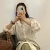 Estilo Chic Coreano Primavera Camisa de Algodão Jacquard de Manga Longa com Laço + Colete de Tricô Trançado para Mulheres