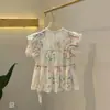 Verão Novo Floral Gola Redonda Manga Bufante Cintura Doce Baby Doll Camisa Top Feminino 99858