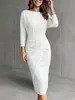 Amazon transfronterizo europeo y americano otoño/invierno nuevo moda femenina cuello redondo manga murciélago manga larga cintura alta ajustado vestido
