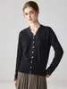 Cardigã de gola V 100% cashmere puro, suéter de malha feminino de manga longa com acabamento em renda, novo estilo outono/inverno, elegante e de cor sólida