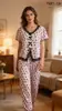 Pijama de Encaje Patchwork Transfronterizo Comercio Exterior Venta Caliente Ropa para el Hogar Casual Europeo y Americano Pantalón Largo Conjunto de Dos Piezas Top de Manga Corta para Mujer