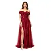 Atacado transfronteiriço de vestidos de noite femininos, vestido longo de malha com fenda ombro a ombro, traje para baile de formatura, madrinha, festa e performance