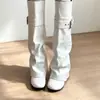 Botas largas, botas de caballero, botas hasta la rodilla con hebilla de cinturón estilo coreano, botas largas de tubo alto para primavera y otoño, punta redonda, nuevo estilo, botas retro para mujer por encima de la rodilla