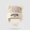 Gorro de Invierno Oso de Dibujos Animados Gorro de Punto para Niños Engrosado Cálido Protección para las Orejas para Niños y Niñas Gorro Lei Feng Gorro de Lana de Doble Pompon