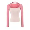 Camiseta chic estilo coreano rosa melocotón, cuello cuadrado, manga larga, diseño de dos piezas falso para mujer, nuevo diseño de nicho para principios de otoño, top único y favorecedor