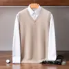 Chaleco de cachemir para otoño e invierno, de siete agujas y doble hilo, engrosado, para hombre, cuello en V, casual de negocios, sin mangas, tejido