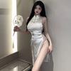 Elegante vestido cheongsam retro con hebilla y cuello, sin mangas, sexy, con tirantes y abertura, mejorado para mujer