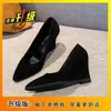 Sandália Anabela com Strass Feminina 2026 Outono Novo Solado Grosso Fosco Sapatos Femininos Salto Alto Feminino Bico Fino Preto