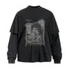 Estampa criativa borrada, camiseta de manga comprida com efeito de duas peças, estilo masculino primavera/outono, corte solto, streetwear, acabamento lavado e desgastado, top de gola redonda