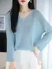 Camiseta Base de Seda de Hielo Hueca con Cuello en V de Nueve Mangas para Mujer, Primavera y Otoño, Delgada, Adelgazante, Francesa, Versátil, para Superponer