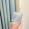Taza de vaso de vidrio de colores con pajilla láser de celebridad de Internet pajilla de aspecto atractivo con tapa taza de bambú de celebridad de Internet taza de vidrio regalo de moda