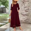 Nuevo Vestido de Mujer Talla Grande de Comercio Exterior Transfronterizo con Mangas de Tres Cuartos, Cuello Redondo de Malla y Bolsillos de Retazos