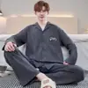 Conjunto de Pijama de Algodón Puro para Otoño e Invierno Primavera y Otoño Cuello de Solapa Manga Larga Pantalón Largo Corte Holgado Tallas Grandes Conjunto Cómodo para Estar en Casa