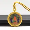 Collar Colgante Thangka Redondo de 2.5 Pulgadas Pintado a Mano con Oro Ocho Guardianes Amarillo Fortuna Zakiram Pasado y Presente
