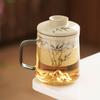Taza de Oficina de Bambú Verde Esmeralda Pintada a Mano, Taza de Té de Vidrio, Taza con Separación de Té y Agua, Taza para Beber en Casa con Tapa, Taza