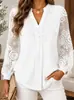 Blusa de Encaje Patchwork de Manga Larga para Mujer Otoño e Invierno Cuello en V Media Botonadura Mangas de Farol Plisadas Prenda Básica Elegante Camisa Elegante
