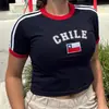 Top Corto de Verano para Mujer de Manga Corta con Bordado de Letras de Bandera Versátil Ajustado Camiseta de Manga Corta Mundial Ins