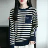 Suéter Tricô de Lã Listrado com Gola Redonda Retro Francês Feminino 2026 Novo Manga Longa Solto Emagrecedor Camada Base Quente