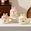 Taza de oso con pajarita linda, vaso de agua de alta apariencia con tapa para uso en la oficina y el hogar, taza de desayuno estilo ins para niñas