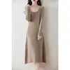 Vestido de Lã 100% Outono e Inverno Feminino Comprimento Médio Gola U Grande Saia Suéter de Joelho Ajuste Slim Base Slim Saia Evasê