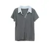 [Oufan] Tejido de punto con contraste de color Tencel Lino Cuello Polo Manga Corta para Mujer Verano Estilizado Cuello en V Top 11309