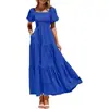 Vestido de Playa de Verano Nuevo Estilo de Amazon Europa Transfronterizo de Manga Corta con Cuadrado y Volantes de Corte A Fluido