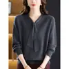 Suéter de Tricô com Gola V e Laço para Primavera e Outono 2026 para Mulheres, Suéter Básico Elegante que Afina, Blusa de Tricô Soltinha para Mães
