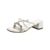 Sandalias Plateadas para Mujer 2026 Nuevo Estilo de Verano Sandalias de Lazo Estilo Francés para Uso al Aire Libre con Tacón Alto Grueso de 5 cm en Stock