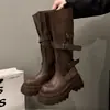 Botas de Cano Alto Plataforma Salto Bloco Melanoid Femininas Outono 2026 Novo Estilo Emagrecedoras Acima do Joelho Botas de Equitação
