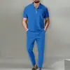 Traje Fresco de Color Sólido para Hombre Estilo Europeo y Americano Primavera y Otoño 2026 Cuello Waffle Manga Corta Cremallera Pantalón Largo Verano Fresco