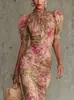 2026 Nuevo Estilo Vestido Largo Estampado de Manga Abullonada Estilo Francés Ajustado Moda Transfronteriza Europea y Americana Vestido Plisado